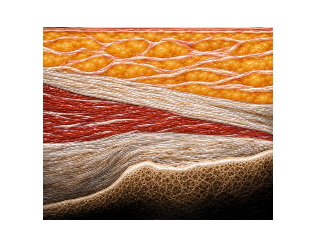 Pedagogisk anatomisk illustration av gluteus minimus och omgivande vävnader i samma längdsnitt.