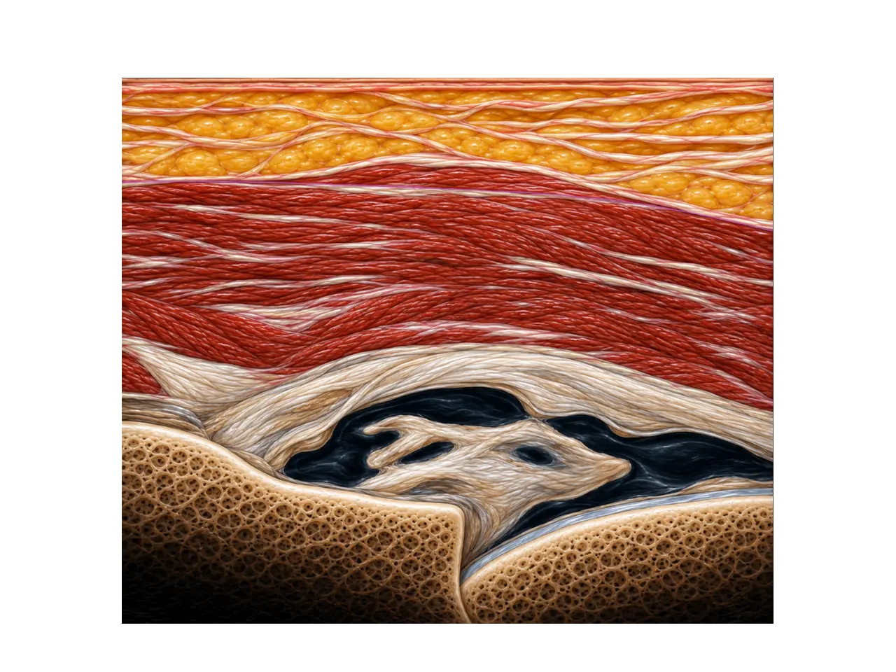 Pedagogisk anatomisk illustration av främre labrum och omgivande vävnader i samma längdsnitt.