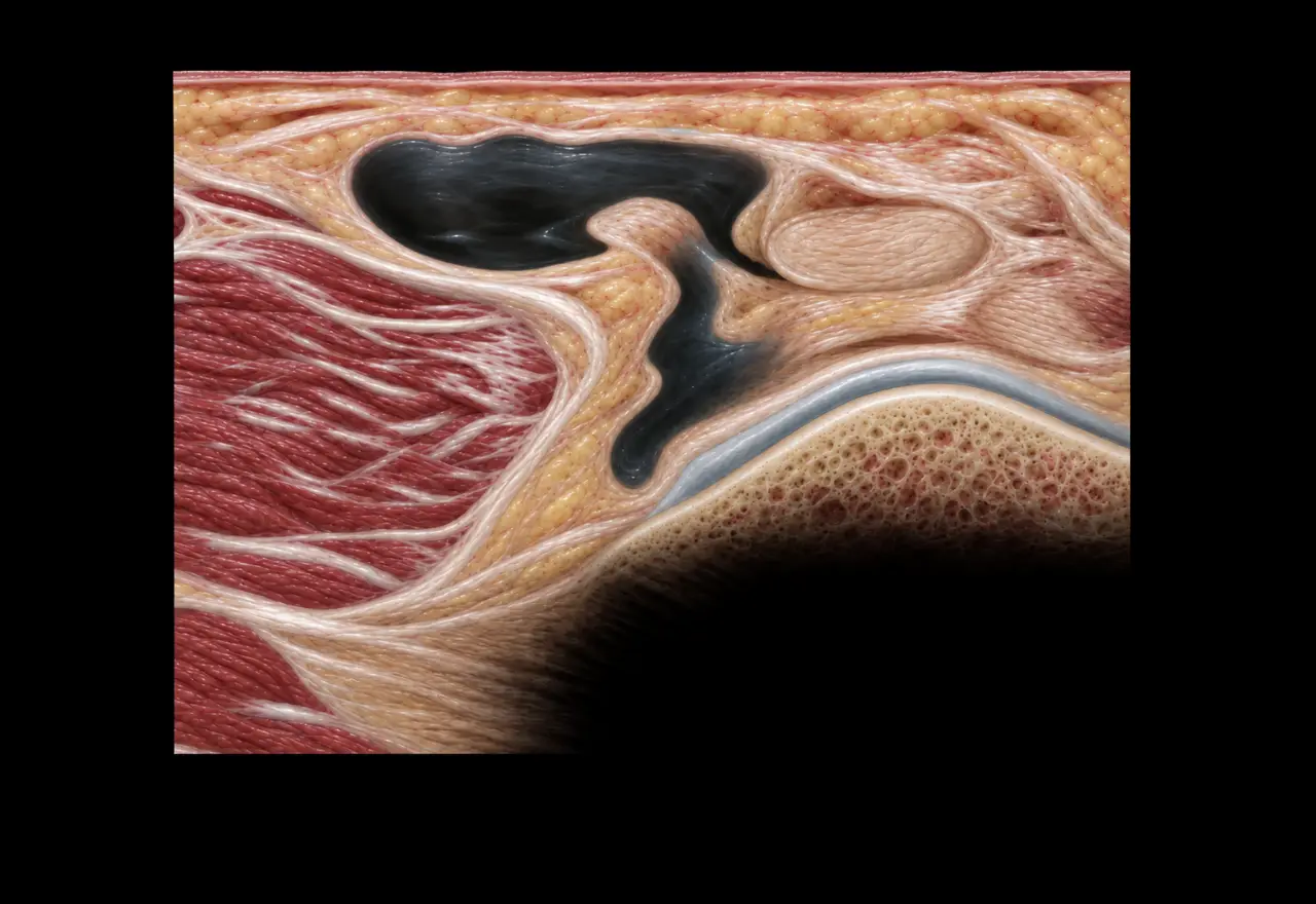 Anatomisk illustration av Bakercysta, mediala gastrocnemius, semitendinosus, semimembranosus och lårbenets ledbrosk.