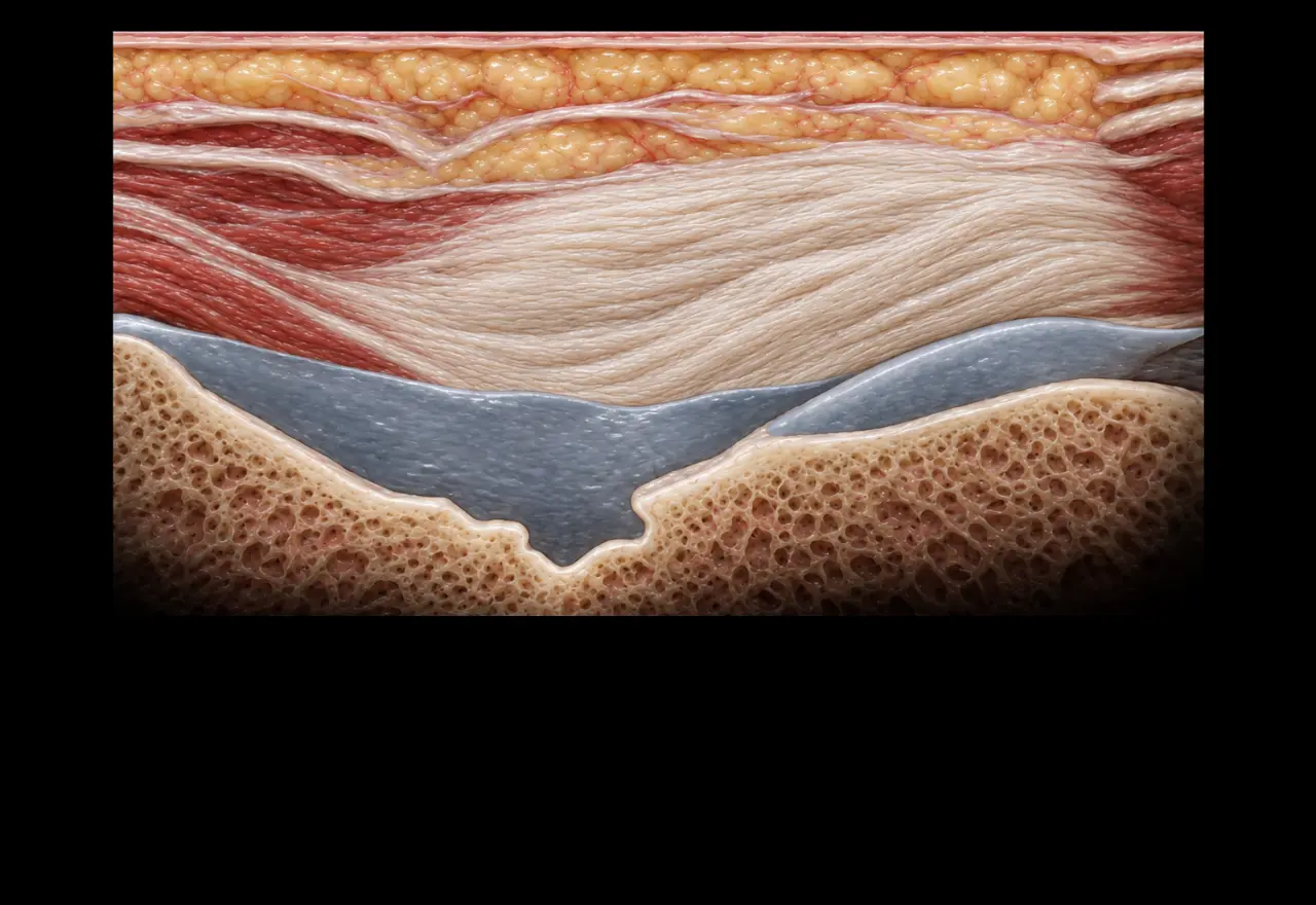 Anatomisk illustration i tvärsnitt av quadricepssenan, ledbrosket med lokalt förändrad nedre kontur och lårbenet.