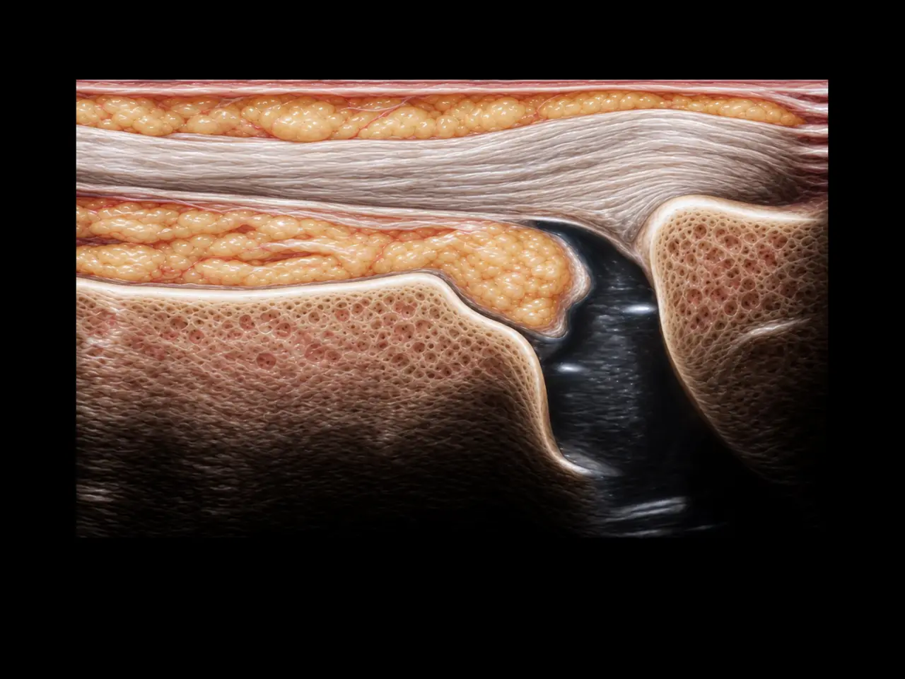 Konturpassad anatomisk illustration av hela quadricepssenan, fettkudden, den laterala vätskefickan och benytorna.