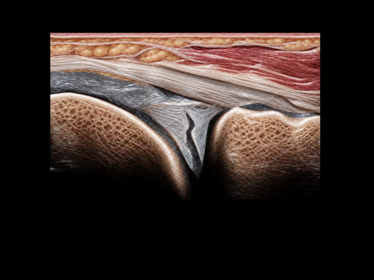 Anatomisk illustration av meniskens bakhorn med spricklinje, semimembranosussena, gastrocnemius och benytor.