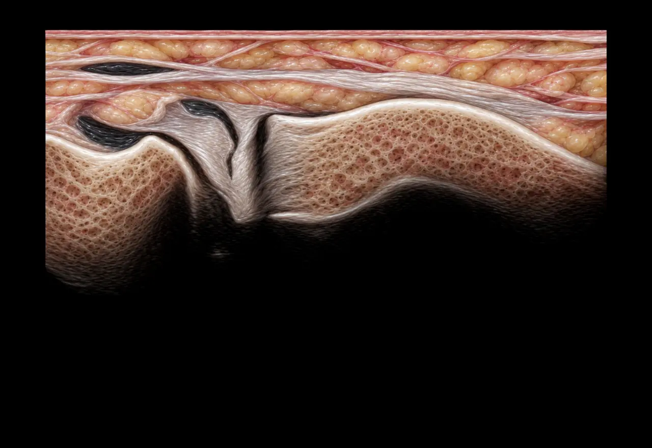 Anatomisk illustration av mediala menisken med smal spricka, mediala ledbandet MCL, vätska, lårben och skenben.